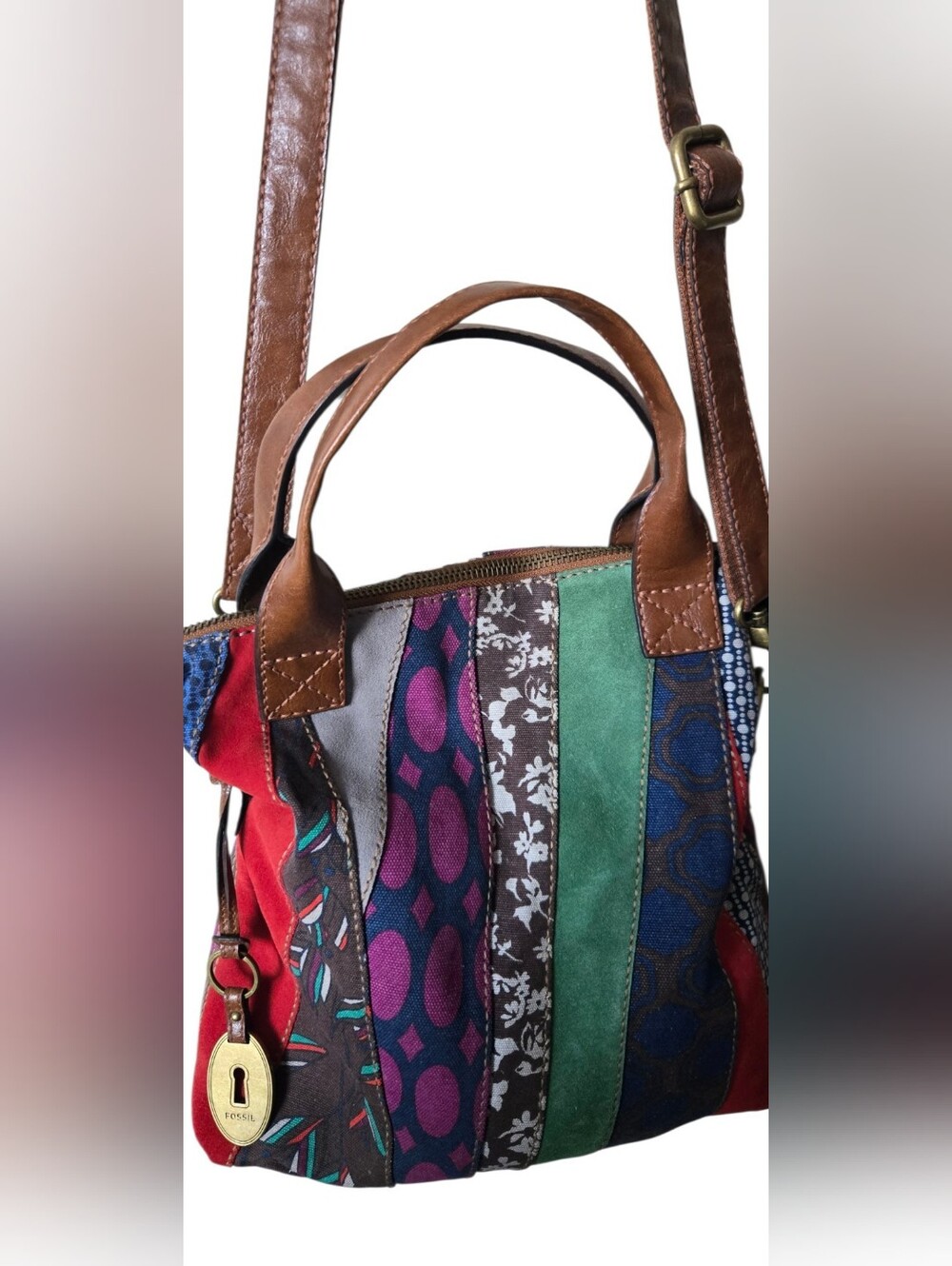 Fossil Patchwork Tote Crossbody Bag Multicolor Suede Canvas Leather Key Charm - Picture 3 of 16